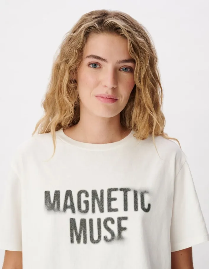 Tee-shirt col rond blanc print message Femme