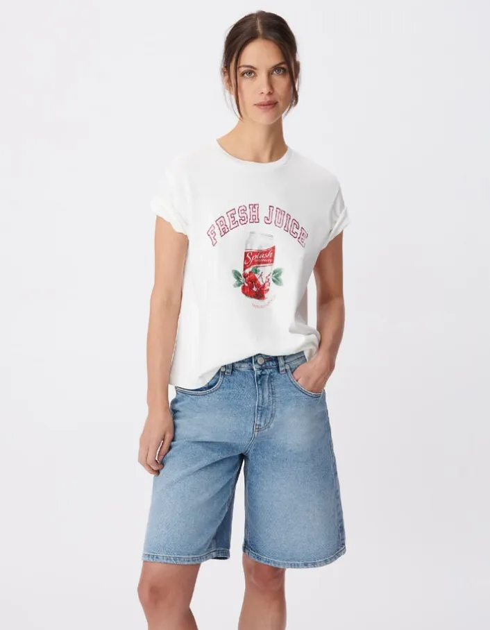 Tee-shirt col rond blanc visuel canette et messages Femme