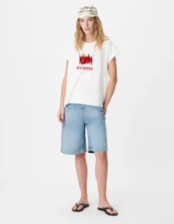 Tee-shirt col rond blanc visuel piments et messages Femme