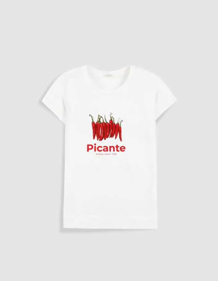Tee-shirt col rond blanc visuel piments et messages Femme