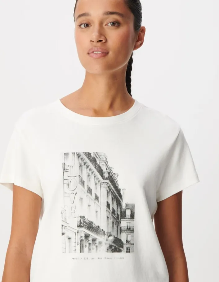 Tee-shirt col rond blanc visuel immeuble Femme