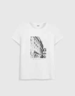 Tee-shirt col rond blanc visuel immeuble Femme