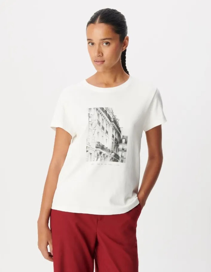 Tee-shirt col rond blanc visuel immeuble Femme