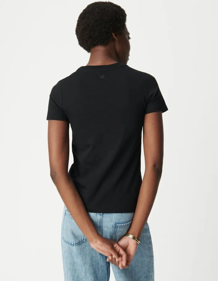 Tee-shirt col rond noir broderie chevrons dos Femme