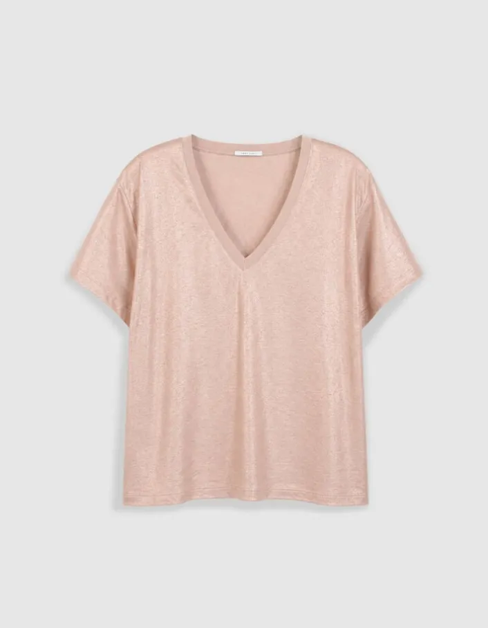Tee-shirt col V beige doré Femme