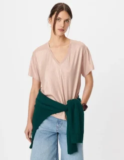 Tee-shirt col V beige doré Femme