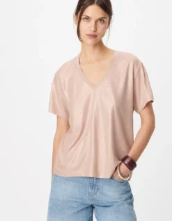 Tee-shirt col V beige doré Femme