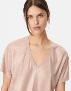 Tee-shirt col V beige doré Femme
