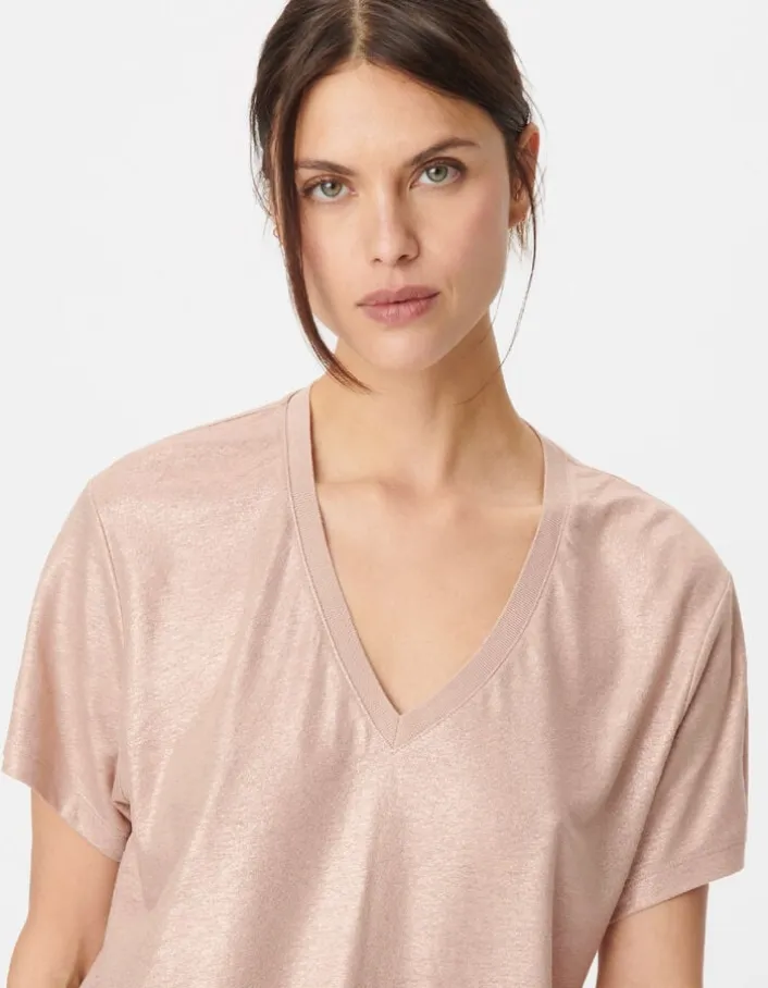 Tee-shirt col V beige doré Femme