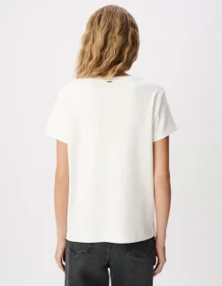 Tee-shirt col V blanc broderie message Femme