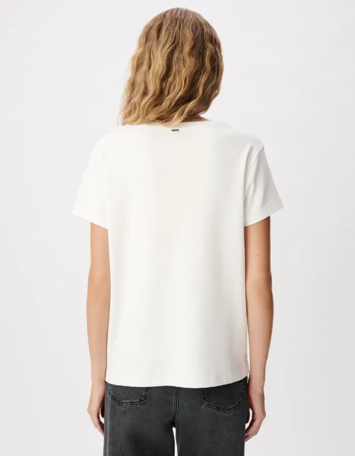 Tee-shirt col V blanc broderie message Femme