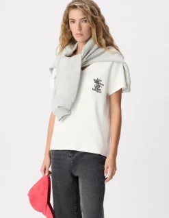 Tee-shirt col V blanc broderie message Femme