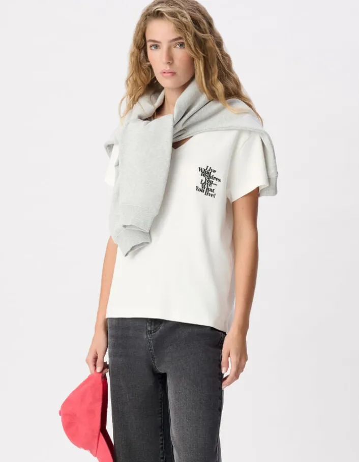 Tee-shirt col V blanc broderie message Femme