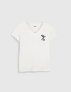 Tee-shirt col V blanc broderie message Femme