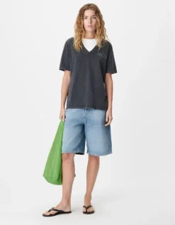 Tee-shirt col V gris maxi visuel dos Femme