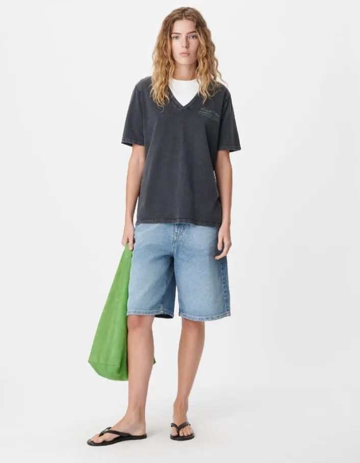 Tee-shirt col V gris maxi visuel dos Femme