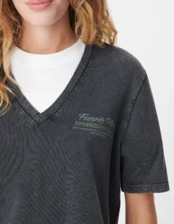 Tee-shirt col V gris maxi visuel dos Femme