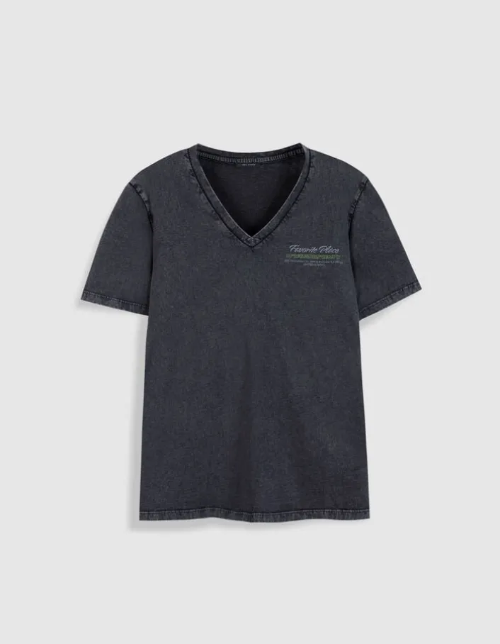 Tee-shirt col V gris maxi visuel dos Femme
