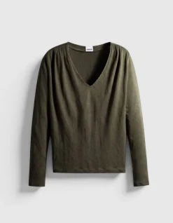 Tee-shirt col V kaki décor strass col Femme