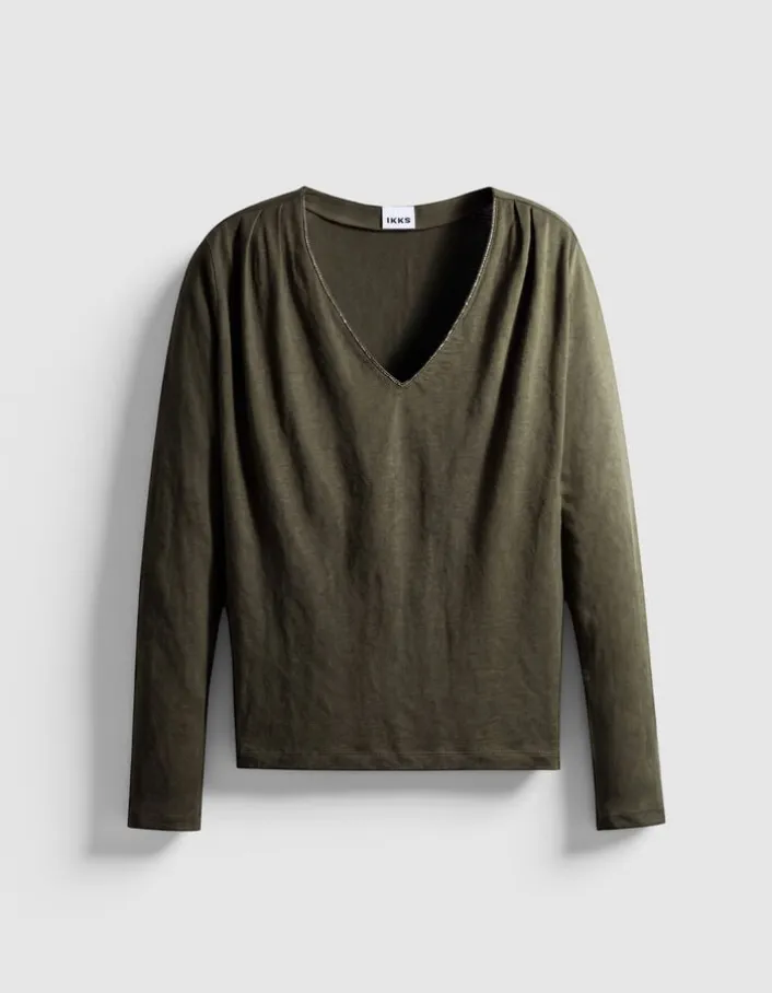 Tee-shirt col V kaki décor strass col Femme