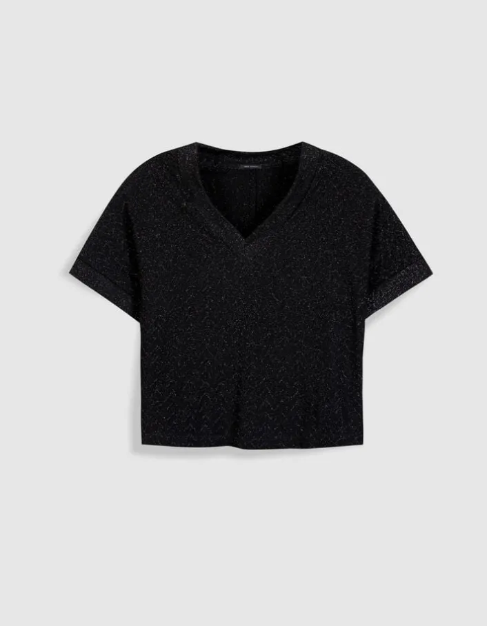 Tee-shirt col V noir lurex maille fantaisie Femme