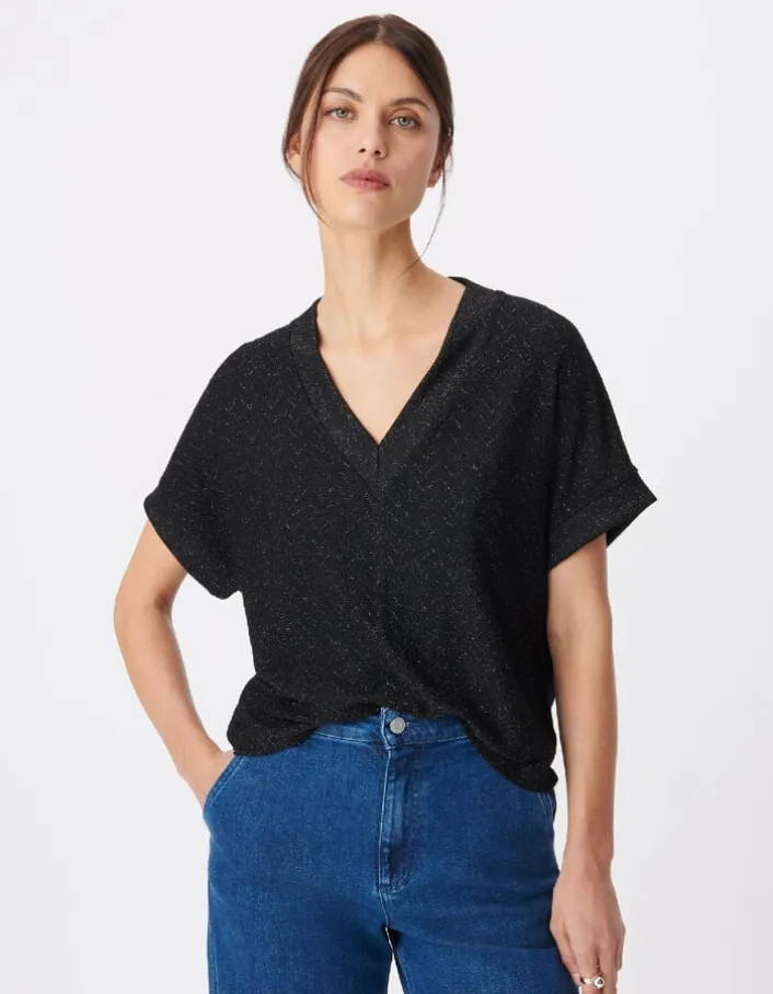 Tee-shirt col V noir lurex maille fantaisie Femme