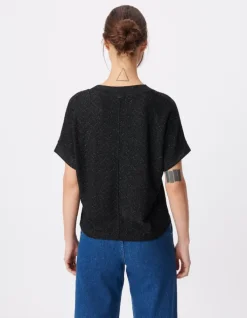 Tee-shirt col V noir lurex maille fantaisie Femme