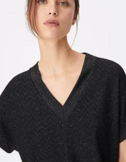 Tee-shirt col V noir lurex maille fantaisie Femme