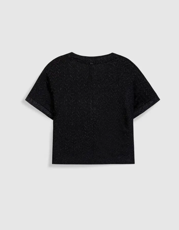 Tee-shirt col V noir lurex maille fantaisie Femme