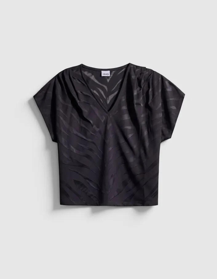 Tee-shirt col V noir motif zèbre en transparence Femme
