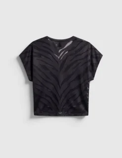 Tee-shirt col V noir motif zèbre en transparence Femme
