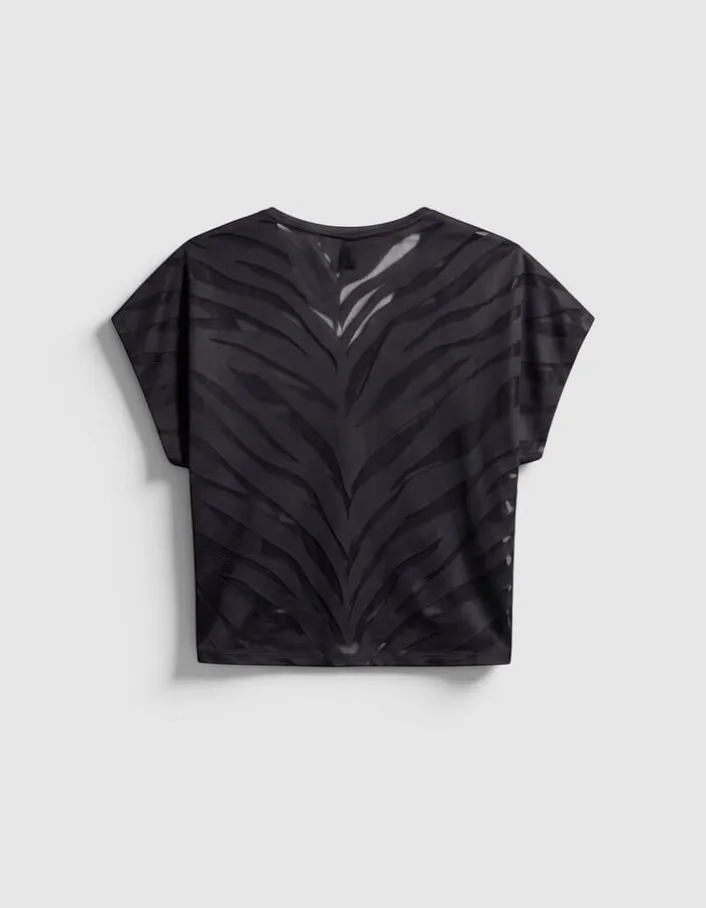 Tee-shirt col V noir motif zèbre en transparence Femme