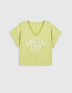 Tee-shirt col V vert à message Femme