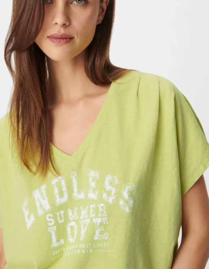 Tee-shirt col V vert à message Femme