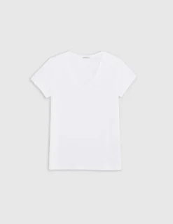 Tee-shirt encolure V blanc broderie chevrons dos Femme