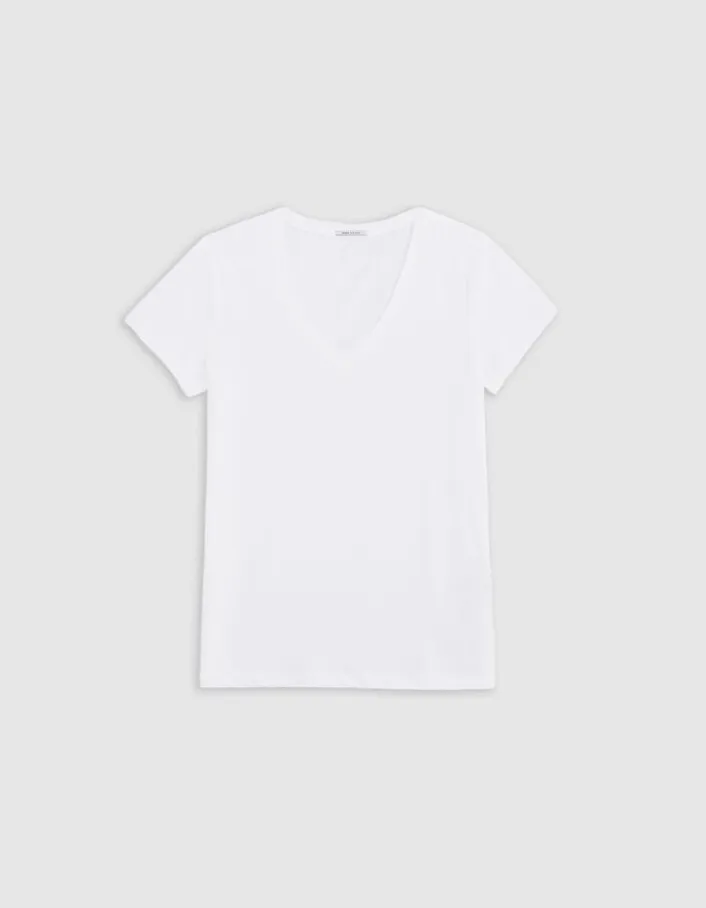 Tee-shirt encolure V blanc broderie chevrons dos Femme