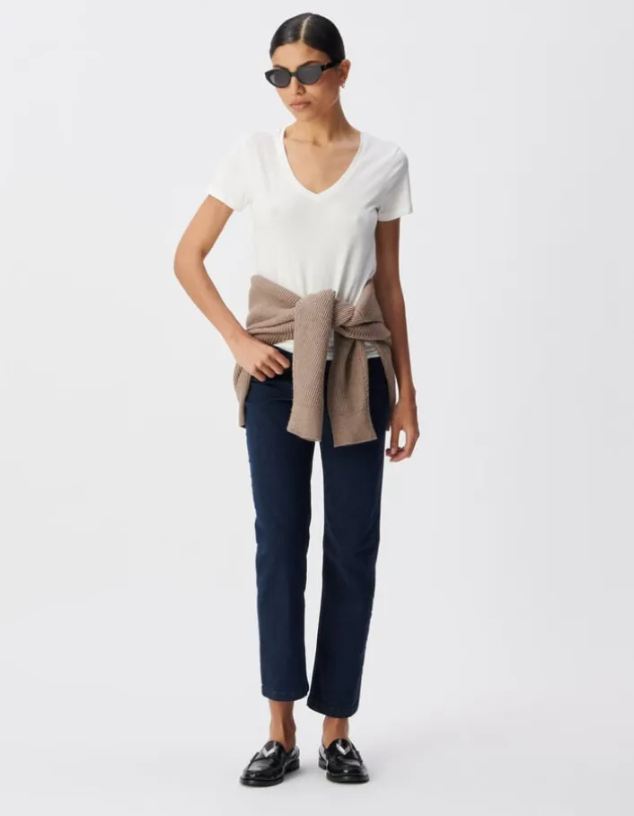 Tee-shirt encolure V blanc broderie chevrons dos Femme