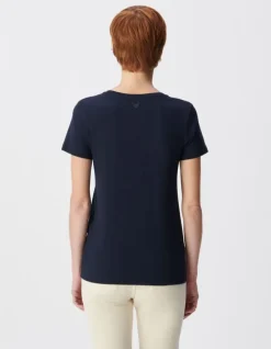 Tee-shirt encolure V marine broderie chevrons dos Femme