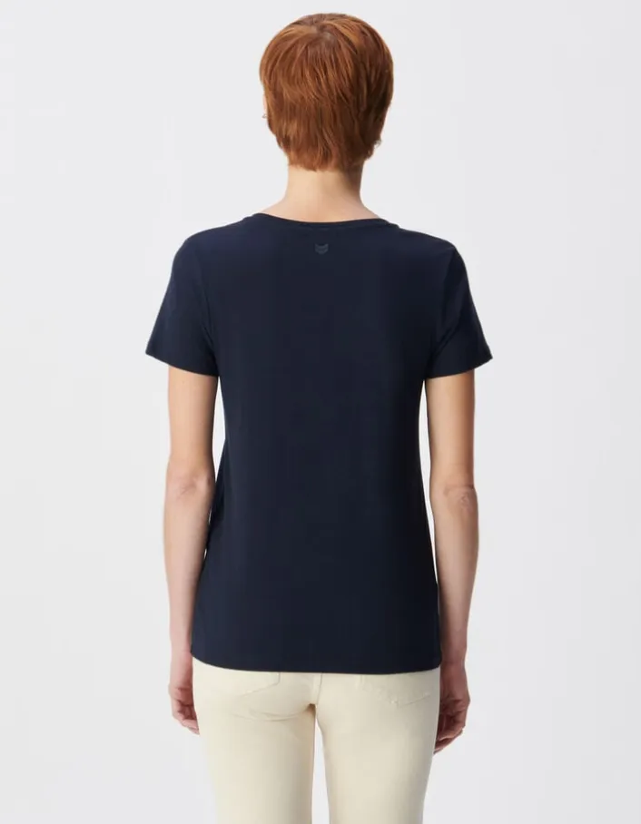 Tee-shirt encolure V marine broderie chevrons dos Femme