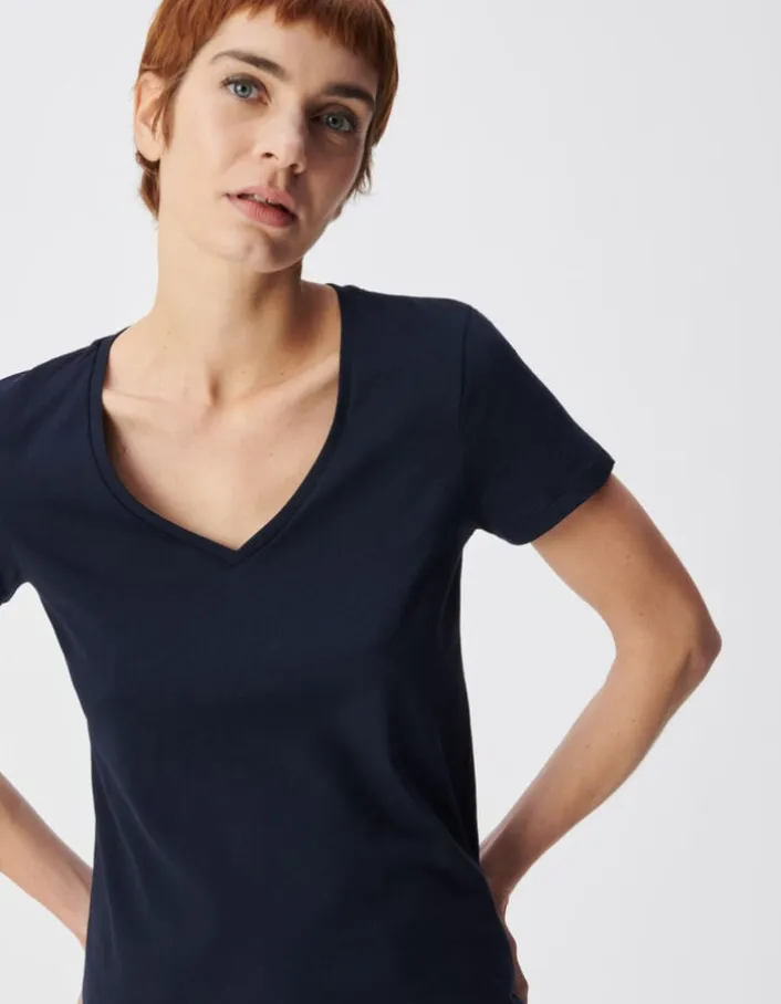 Tee-shirt encolure V marine broderie chevrons dos Femme