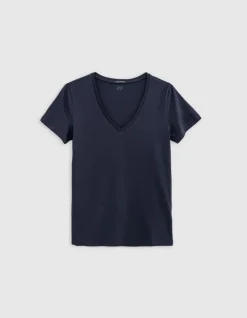 Tee-shirt encolure V marine broderie chevrons dos Femme