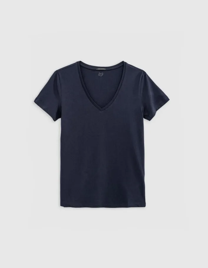 Tee-shirt encolure V marine broderie chevrons dos Femme