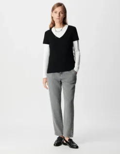 Tee-shirt encolure V noir broderie chevrons dos Femme