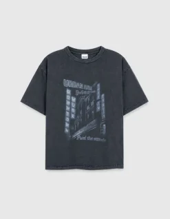 Tee-shirt gris print immeubles et messages Femme