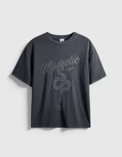 Tee-shirt gris visuel serpent et message métallisé Femme