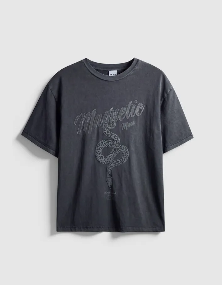 Tee-shirt gris visuel serpent et message métallisé Femme