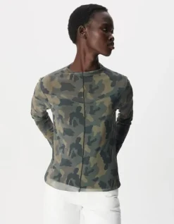 Tee-shirt kaki résille motif camouflage Femme