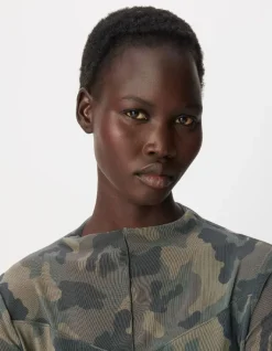 Tee-shirt kaki résille motif camouflage Femme