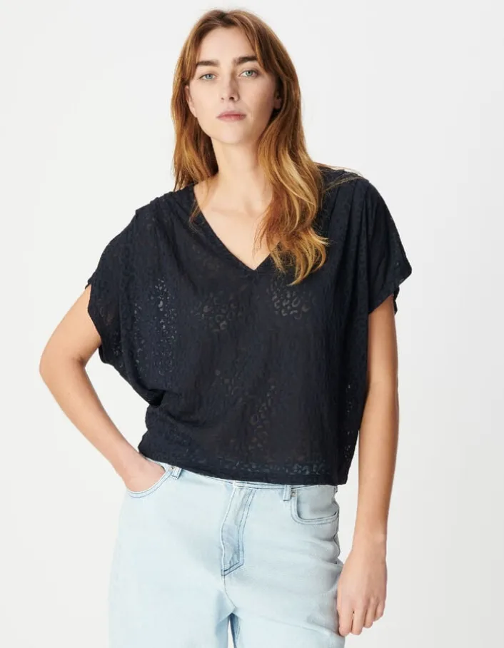 Tee-shirt loose marine imprimé léopard Femme