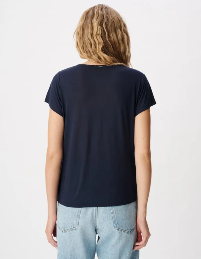 Tee-shirt marine fronces épaule et côté Femme